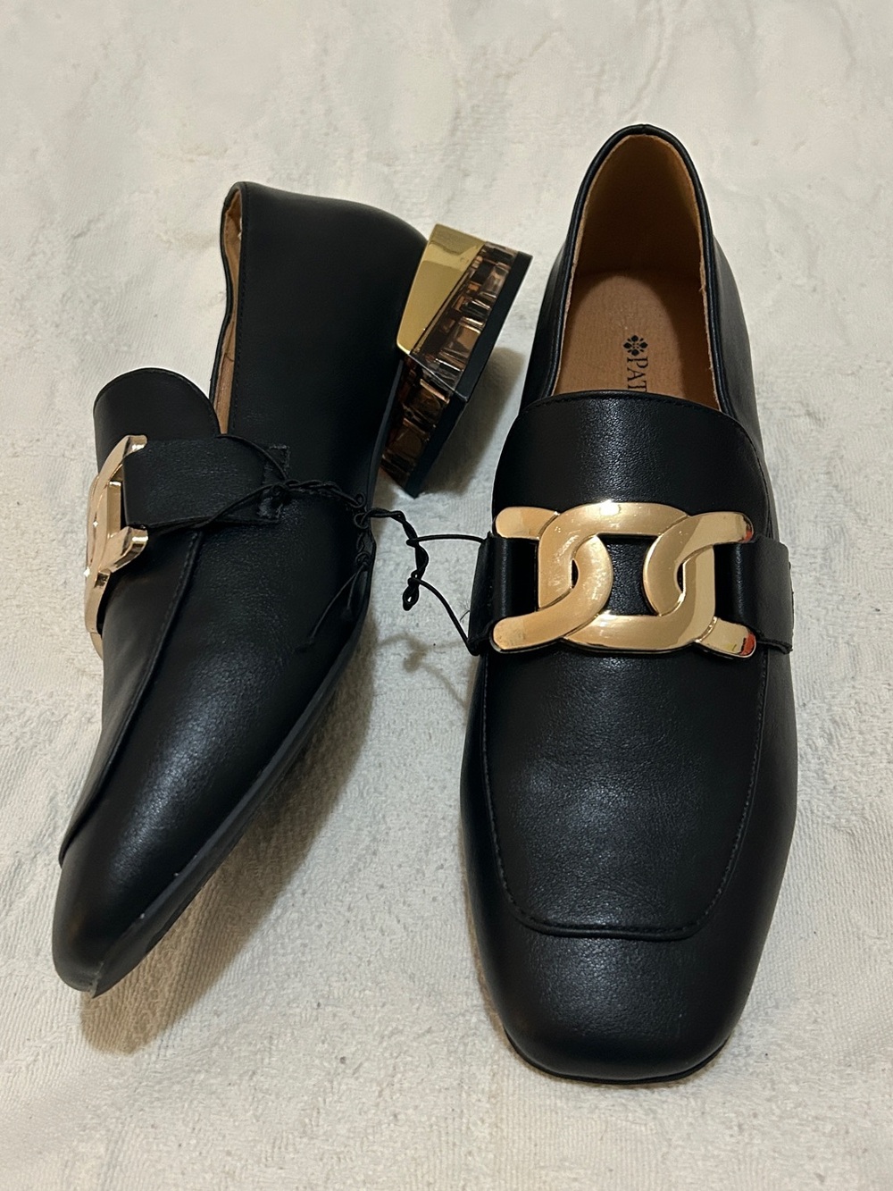 Patrizia Black and Gold Heeled Loafers